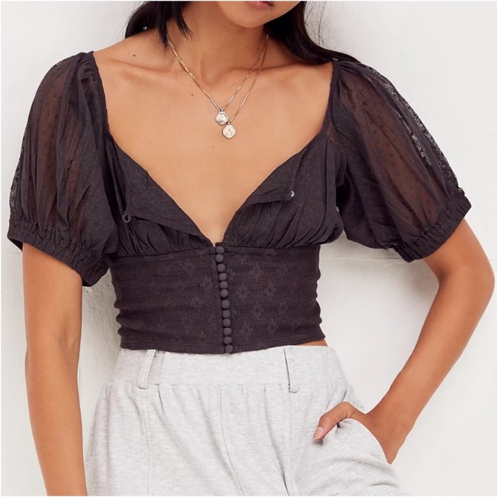 Free People heartstrings Black Puff Sleeve Crop sheer y2k Top small